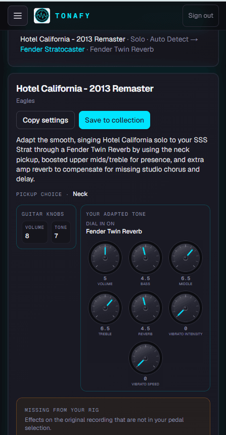 Example result card for Hotel California solo on a Stratocaster with Twin Reverb settings