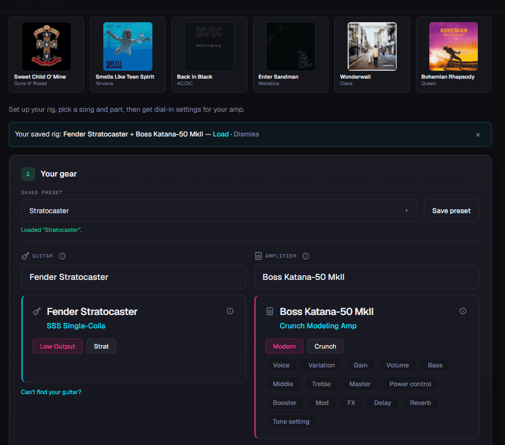 Tonafy guitar tone finder showing guitar amp and song selection