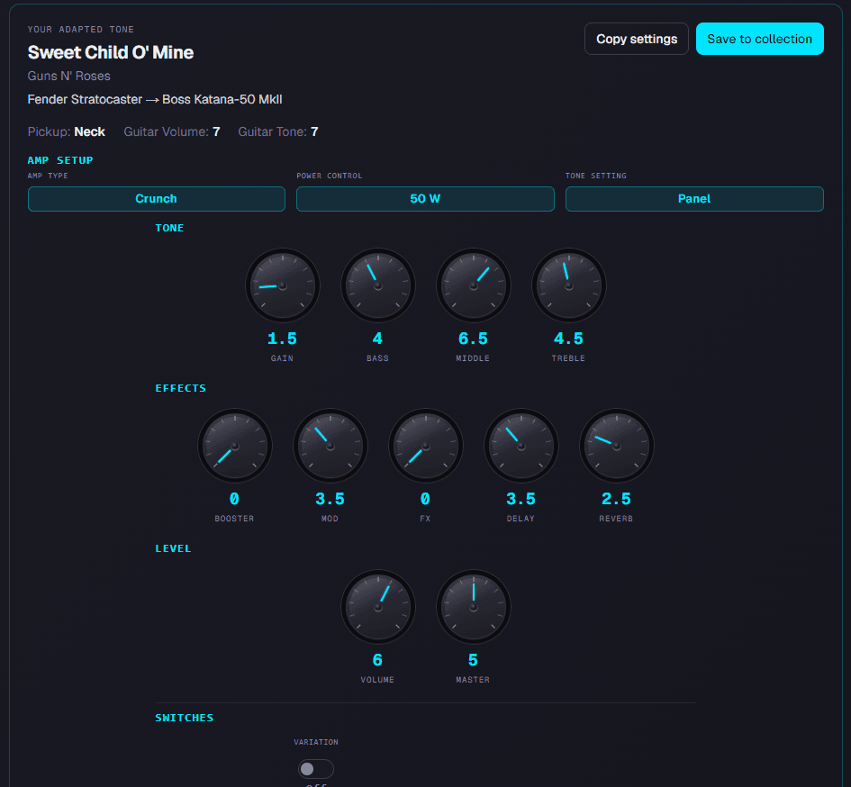 Guitar amp settings generated by Tonafy for Fender Stratocaster and Boss Katana