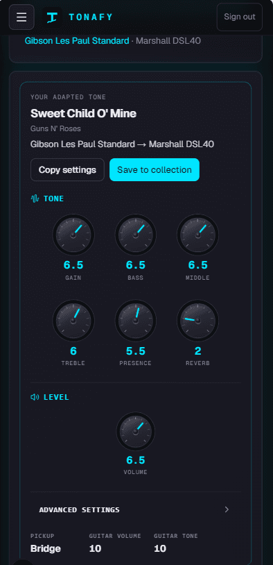 Example result card for Sweet Child O' Mine on a Gibson Les Paul Standard with Marshall DSL40 settings